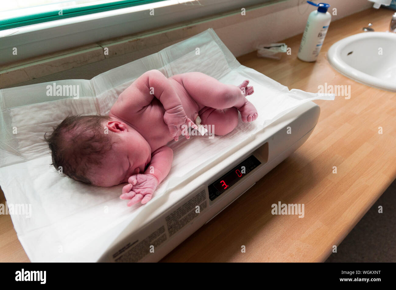 Hohe Betrachtungswinkel Von Neugeborenes Baby Auf Der Waage Am Krankenhaus Stockfotografie Alamy