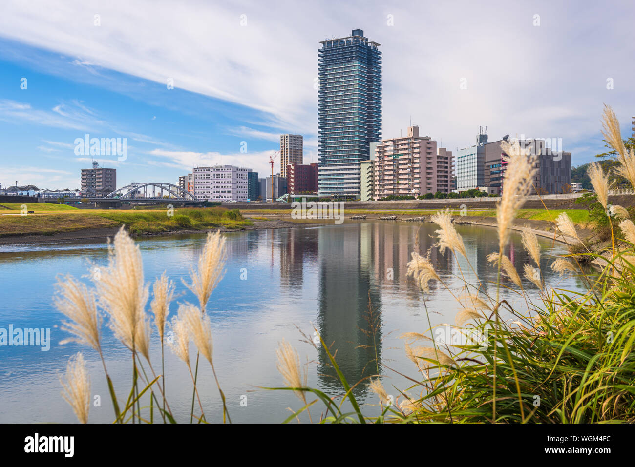 Kumamoto, Japan downtown Stadtbild auf der Shirakawa River am Nachmittag. Stockfoto