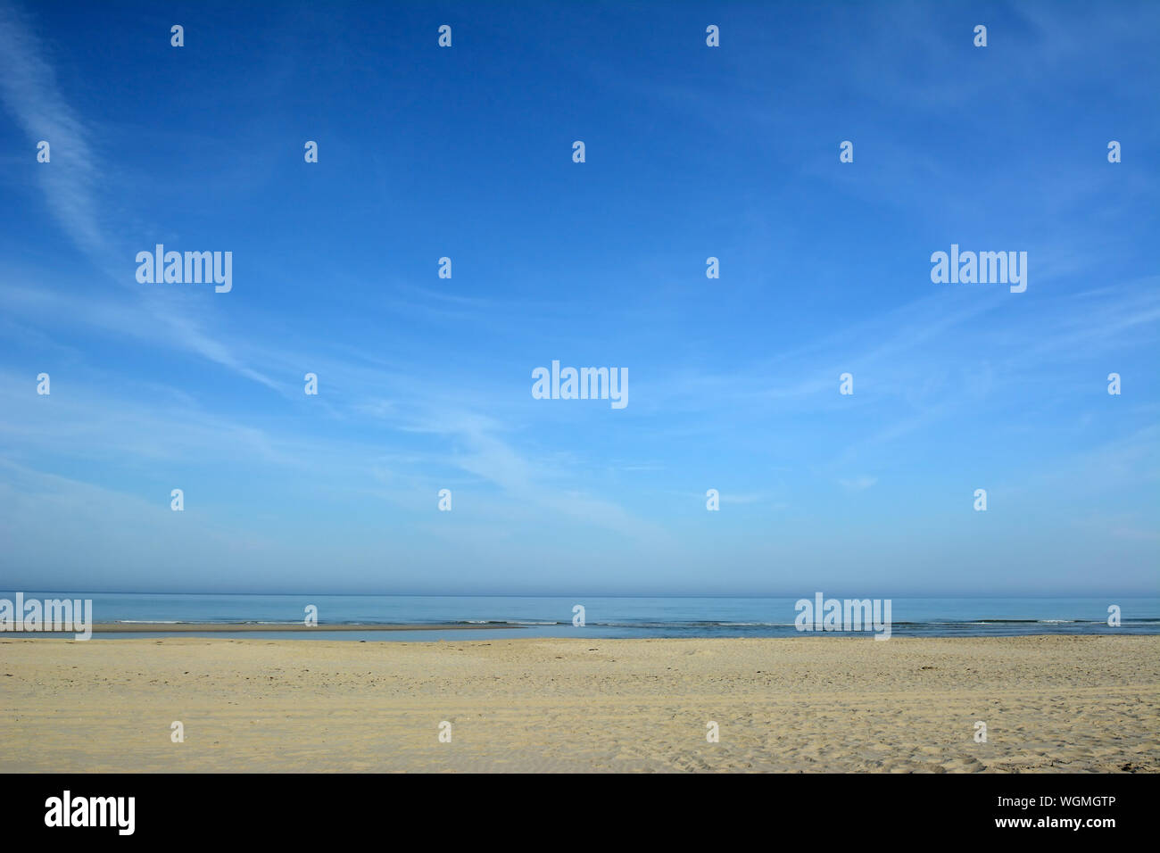 Leere Sandstrand und Meer mit strahlend blauen Himmel an einem sonnigen Sommertag auf der Insel Texel in den Niederlanden Stockfoto
