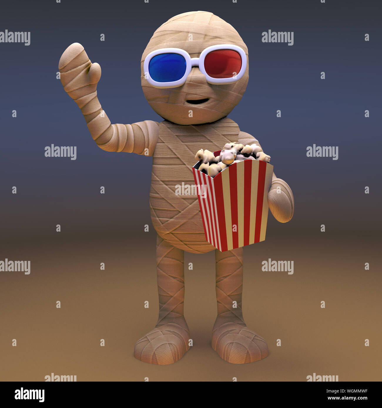 Untote ägyptische Mumie Monster essen Popcorn und das Tragen von 3D-Brillen, 3d-Grafik rendern Stockfoto