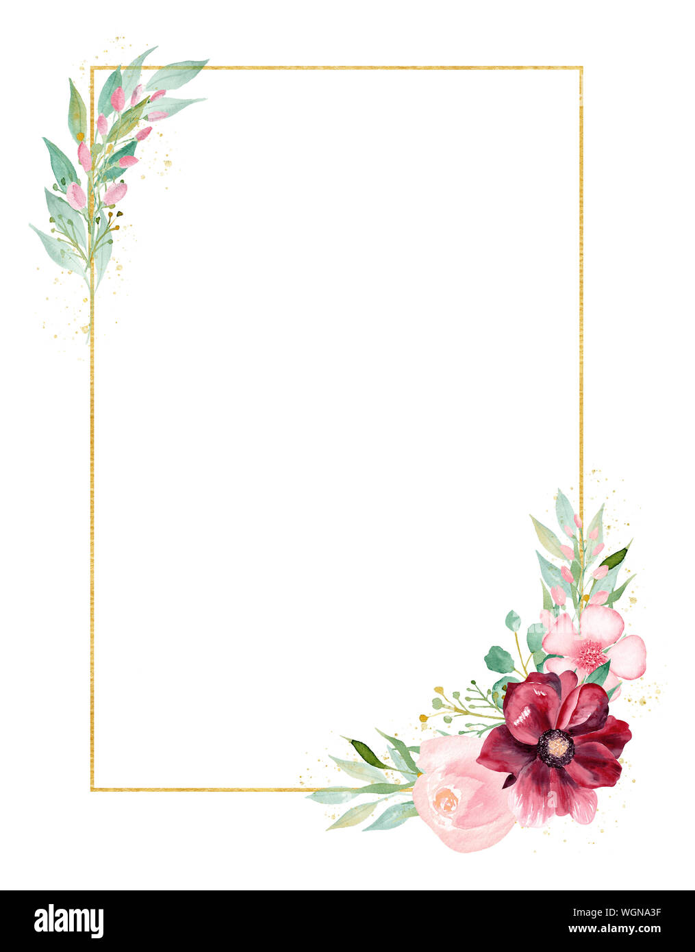 Orchid Zweig aquarell Hand gezeichnet Raster frame Vorlage. Blühende Blumen Grußkarte Dekor. Magnolia Zweig, Sommer Pflanze auf Draht mit Copyspace. W Stockfoto