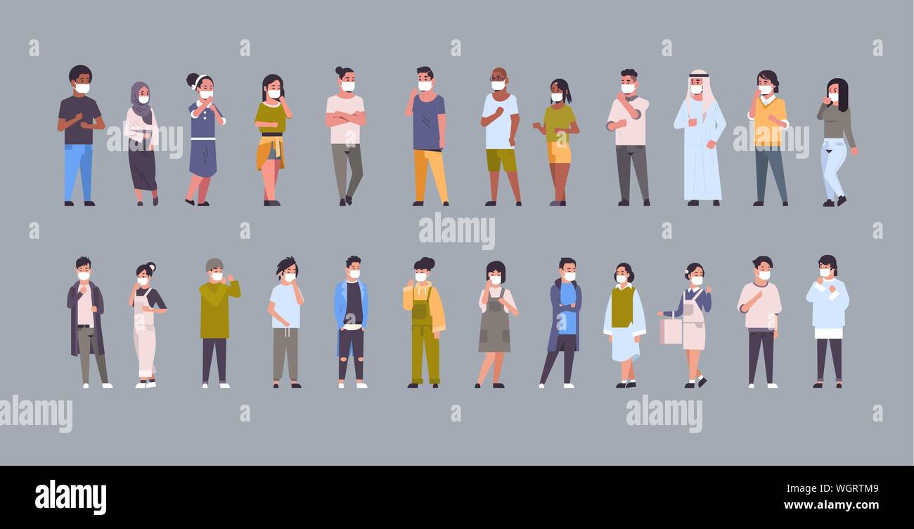 Setzen Menschen tragen Gesichtsmasken Umwelt Industrielle smog Staub giftige Luftverschmutzung und Virenschutzkonzept mix Rennen Männer Frauen Sammlung voll Stock Vektor