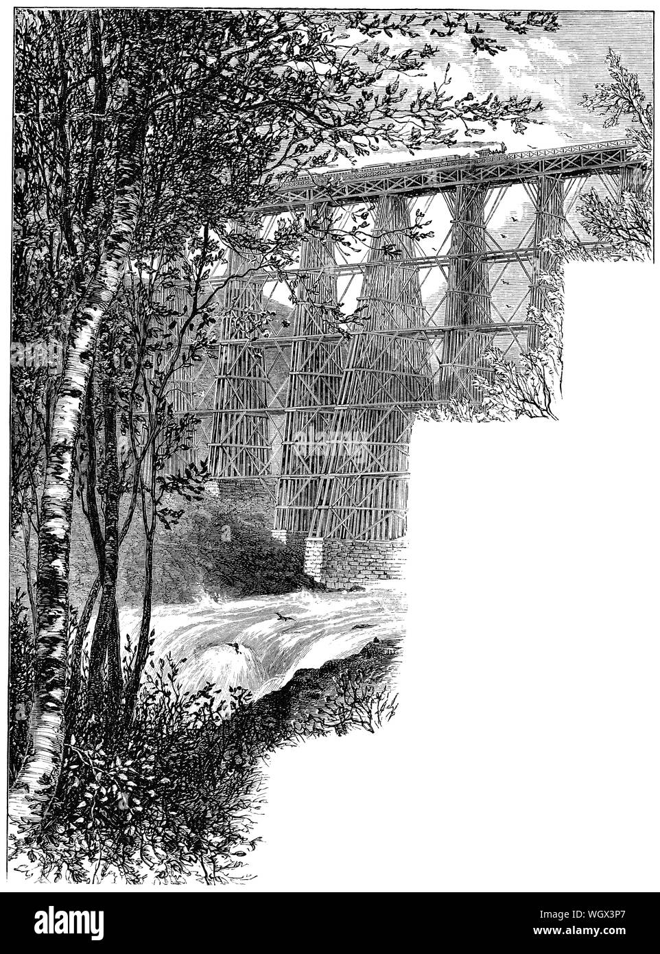 C 1876 Gravur eines amerikanischen Eisenbahnbrücke. Stockfoto