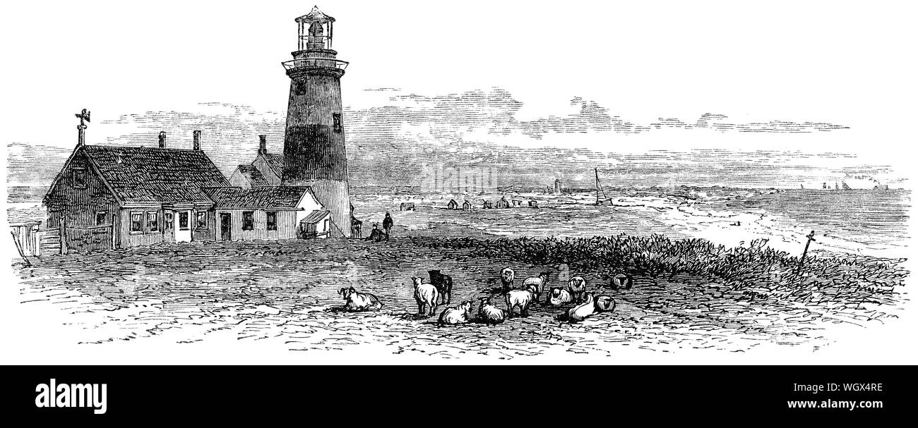 C 1876 Gravur der Sankaty Kopf Licht, ein Leuchtturm in der Ortschaft Siasconset auf Nantucket Island, Massachusetts, USA, im Jahre 1850 erbaut wurde. Stockfoto
