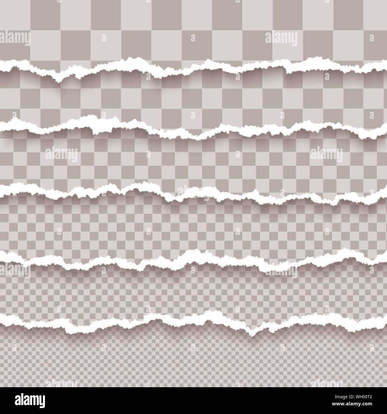 Horizontale nahtlose zerrissenen weißen Papier mit Schatten. Rip-Streifen Papier. Beschädigt Pappe Grenzen. Vector Illustration isoliert auf transpare Stock Vektor