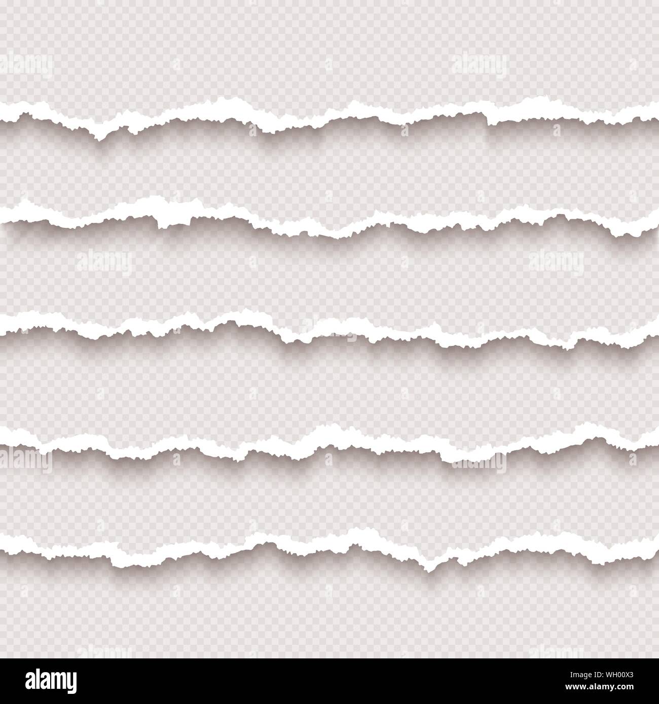 Horizontale nahtlose zerrissenen weißen Papier mit Schatten. Beschädigt Pappe Grenzen. Rip-Streifen Papier. Vector Illustration isoliert auf transpare Stock Vektor