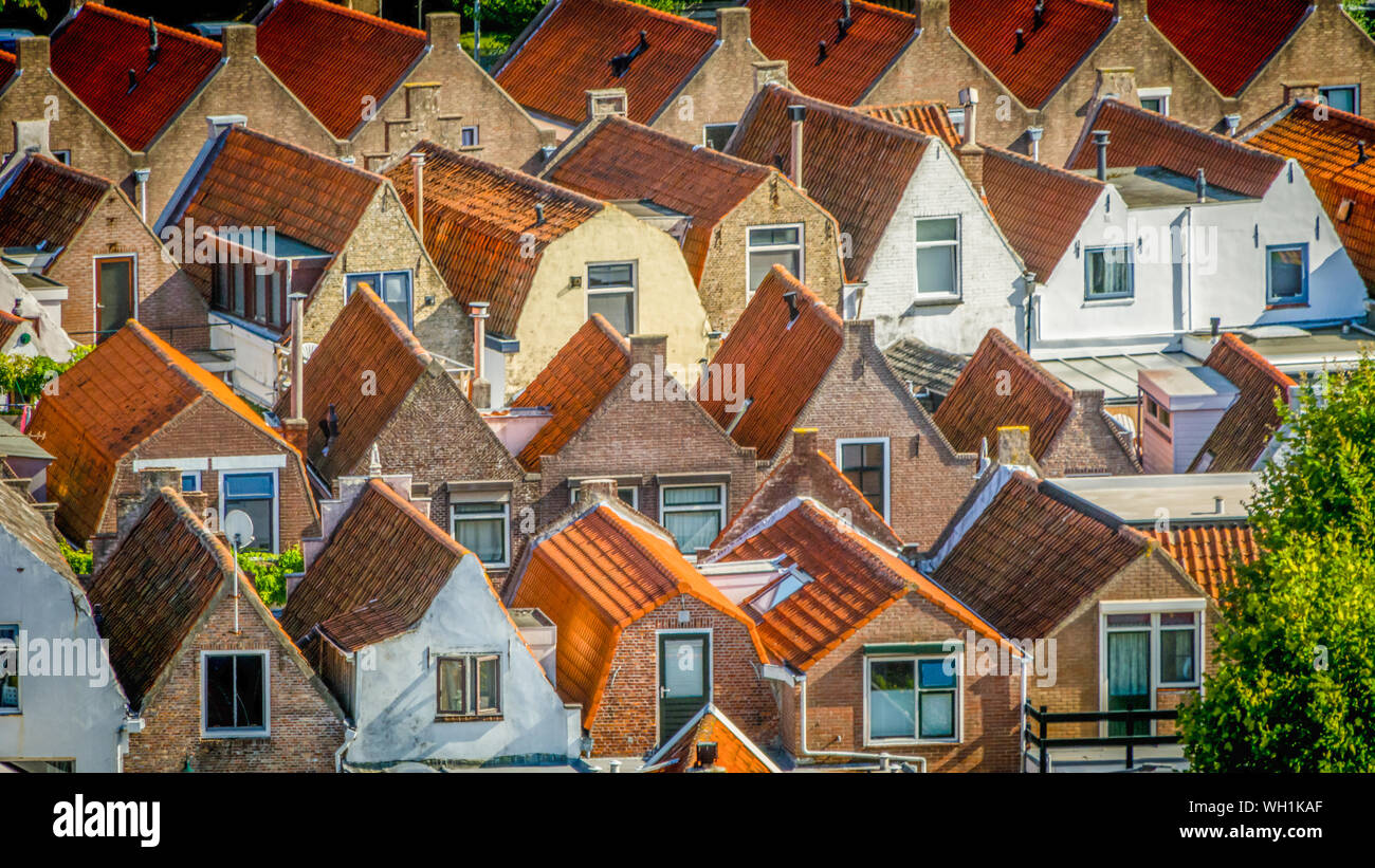 Zierikzee, Zeeland, Niederlande, September 2018, Dächer der Häuser typisch holländischen kleine Arbeitnehmer in hoher Dichte Stockfoto