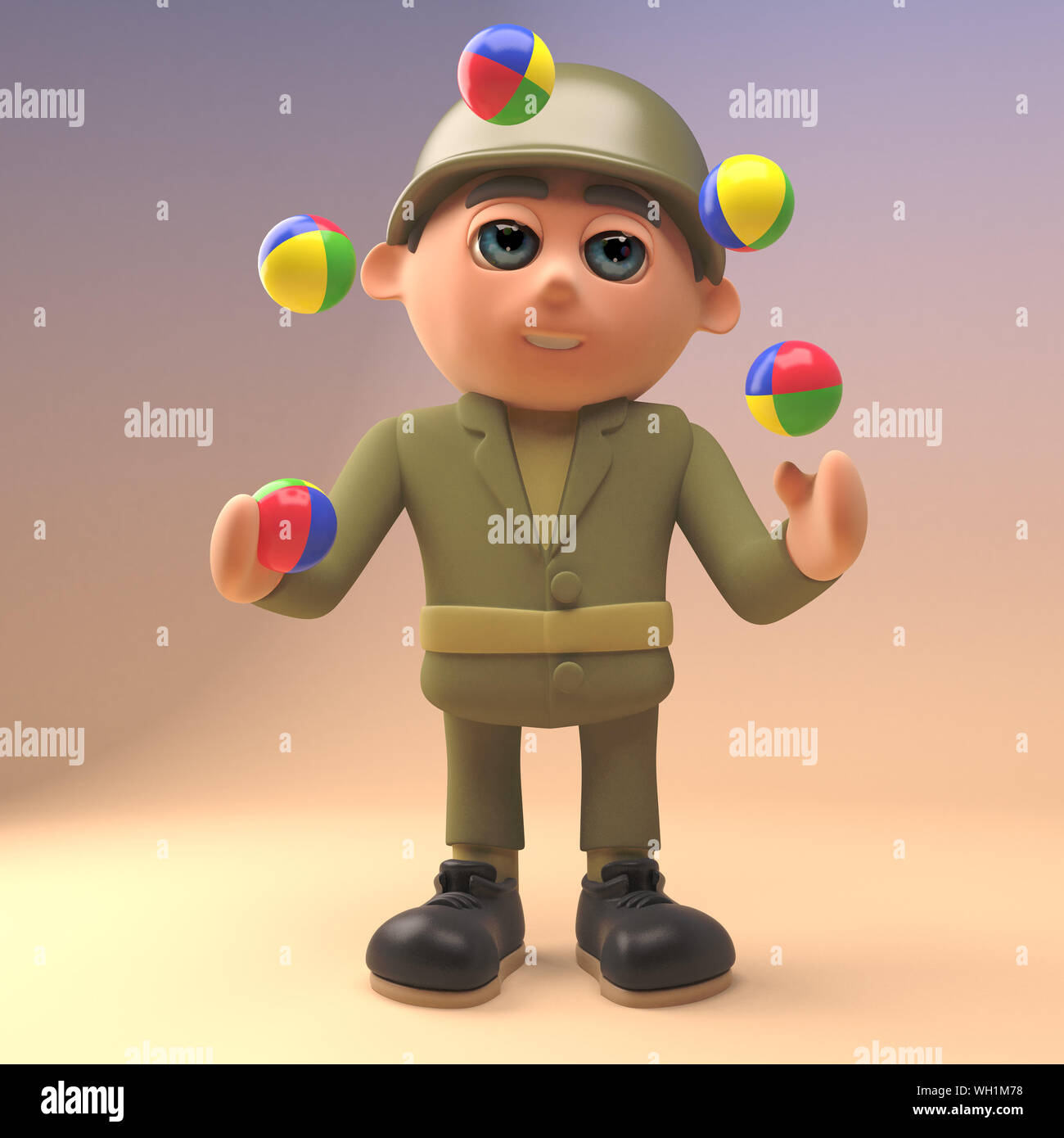 3d-Armee Soldat Charakter jonglieren mehrfarbig Jonglierbälle, 3d-Grafik rendern Stockfoto