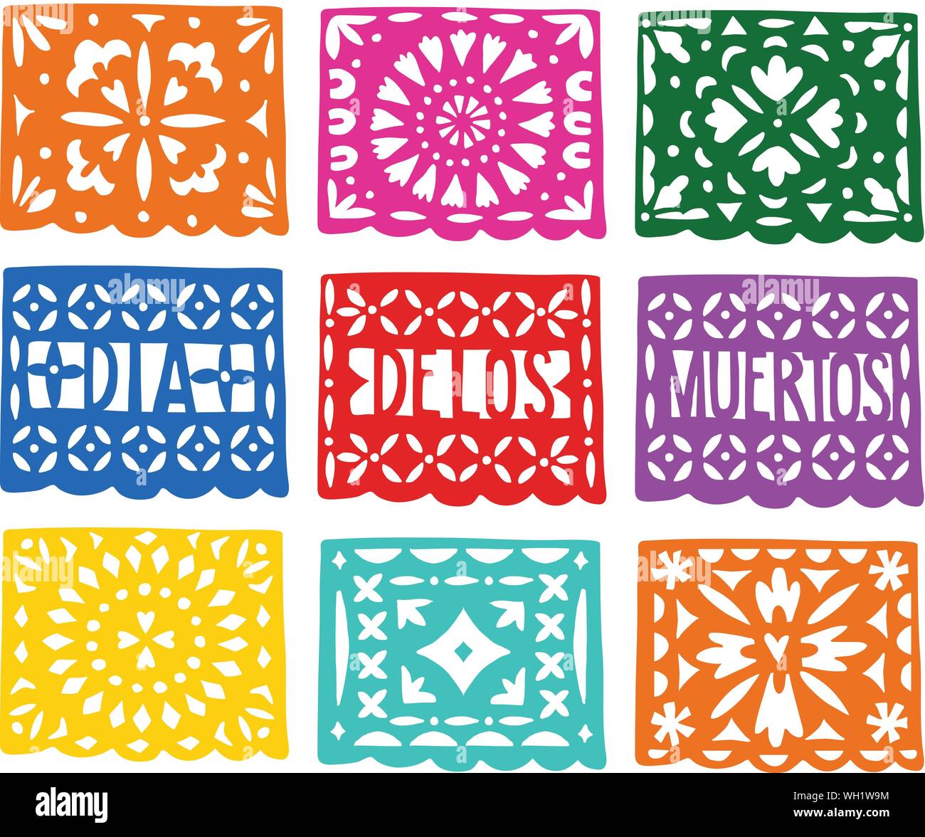 Der handgefertigte bunte Papier schneiden Partei bunting Flags für Dia de los Muertos, mexikanischen Tag der Toten Urlaub. Halloween Konzept. Isolierte Vektor Stock Vektor