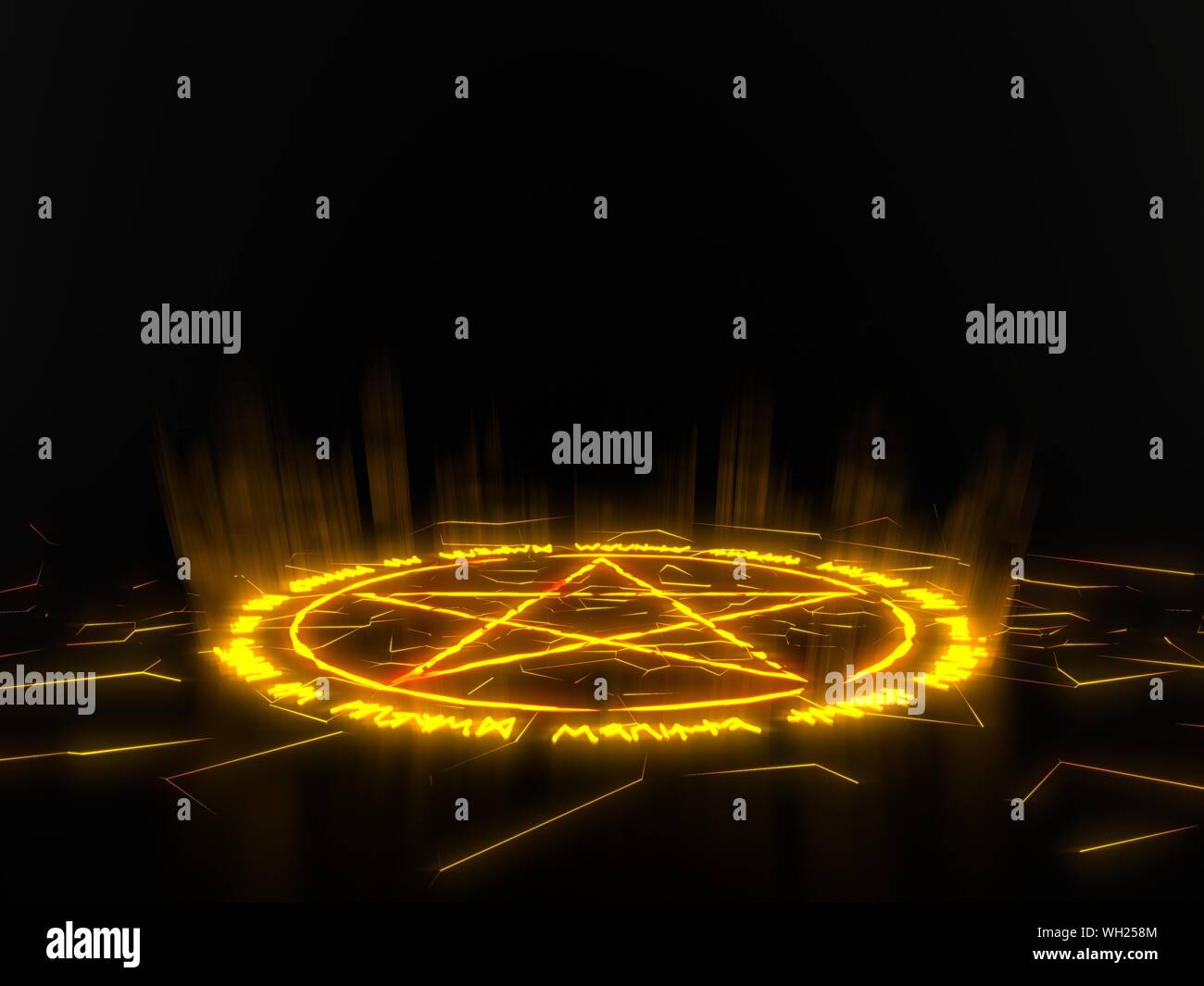 Kreis mit Pentagramm in der Mitte beschwören. runic Worte für den Aufruf von Dämonen. gelb leuchtenden Details in dunklen. 3D-Darstellung Stockfoto