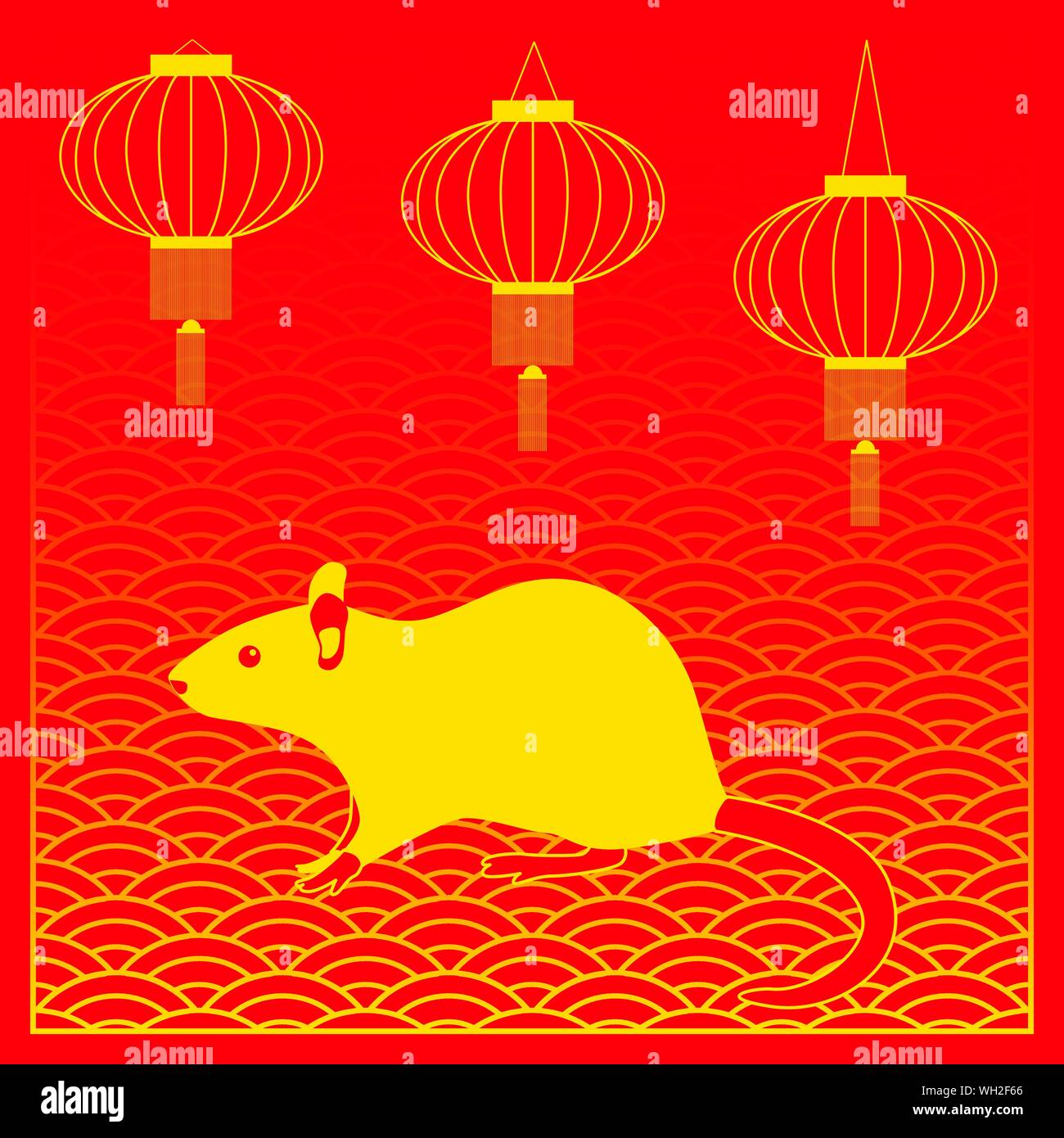 Chinesisches Neues Jahr 2020. Jahr der Ratte. Lampions, Roter Hintergrund mit Ornament Stock Vektor
