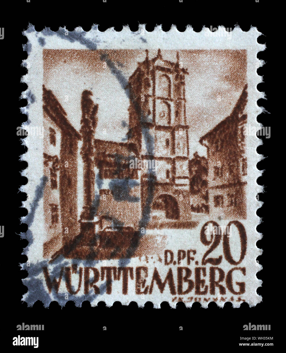 Stempel in Deutschland - Württemberg, Alliierte Besetzung 1945-1949 ausgestellt zeigt City Gate von Wangen, circa 1948. Stockfoto