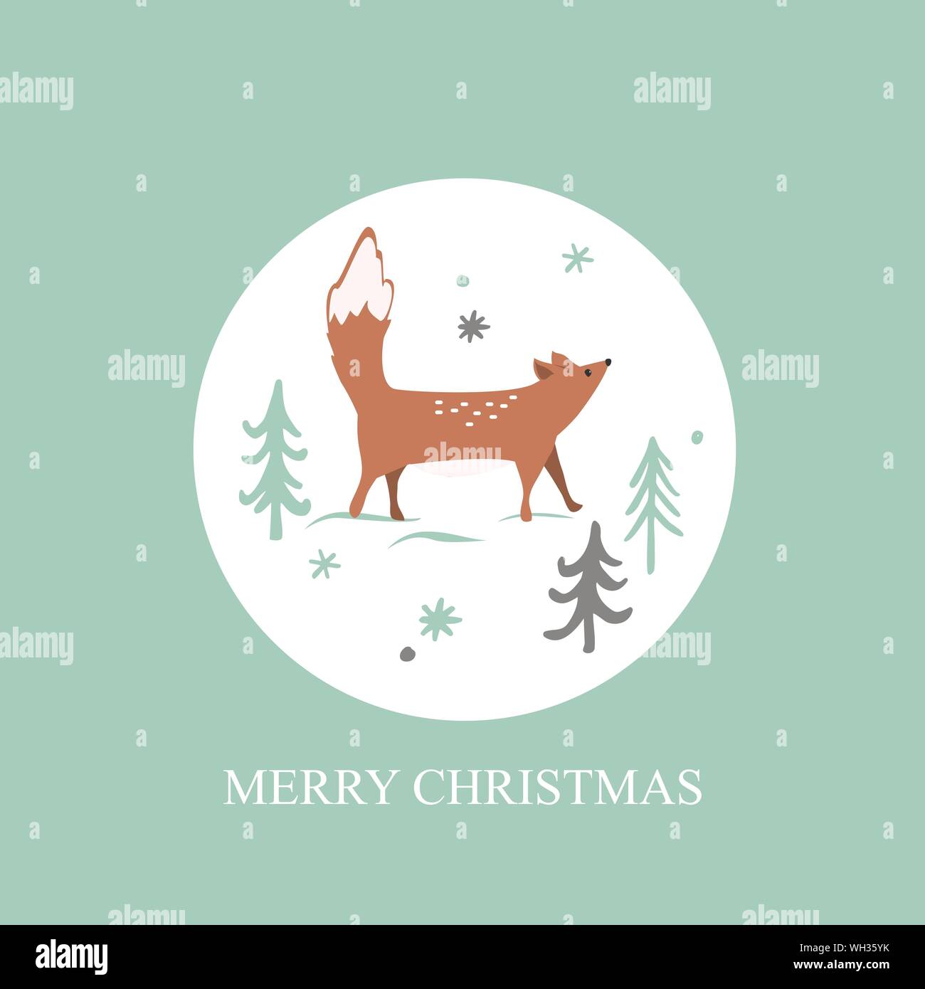 Weihnachtskarte mit Winter Wald Hintergrund. Cute Fox, Bäume und snowflaces. Vector Illustration. Stock Vektor
