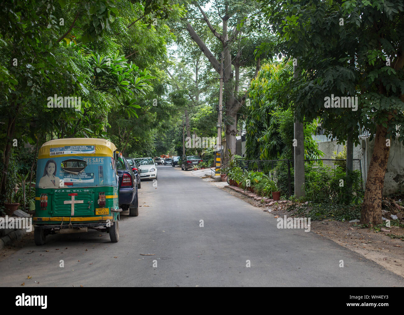 Eine kleine grüne Straße in Gurgaon, Indien Stockfoto