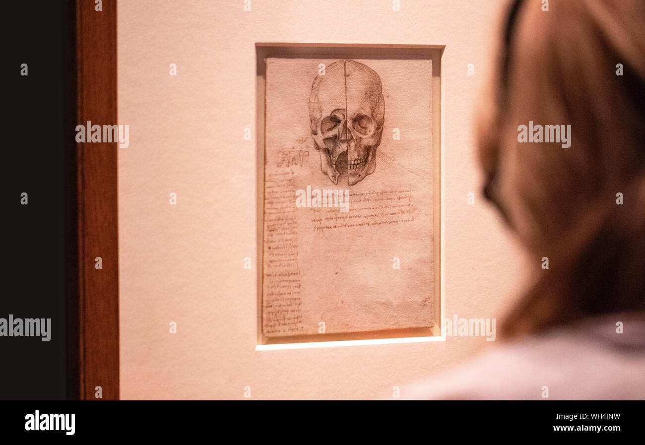 Ausstellung von Leonardo Da Vinci ist erstaunlich, Zeichnungen in London, die den 500. Jahrestag des Todes von Leonardo da Vinci. Stockfoto