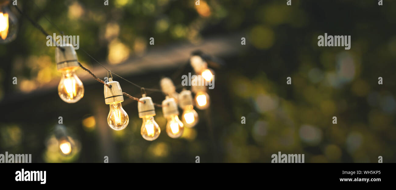 Outdoor Party string Lichter im Hinterhof hängen an grünen bokeh Hintergrund mit Kopie Raum Stockfoto