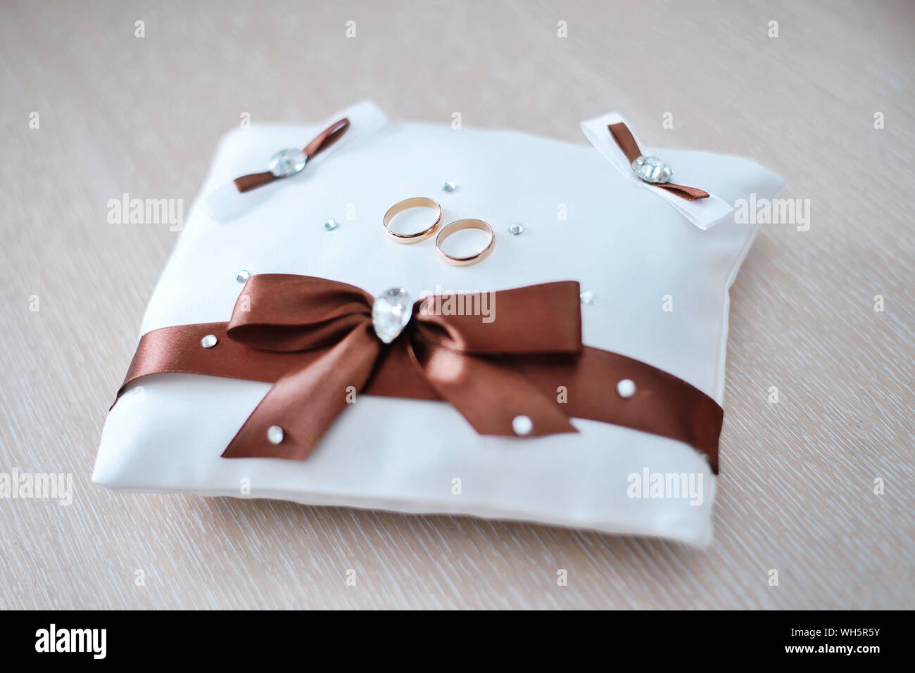 Gold Trauringe auf weißem Kissen mit Brown Bug Stockfoto