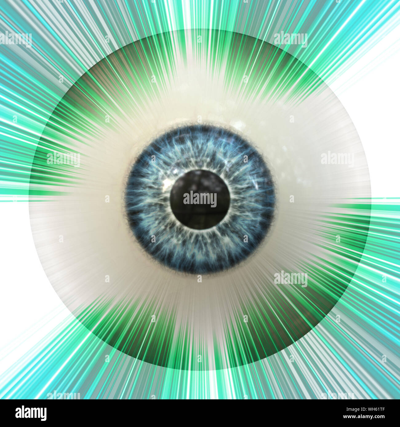 Digital gerenderte Darstellung eines abstrakten Augapfel mit grünen Strahlen Hintergrund. Stockfoto