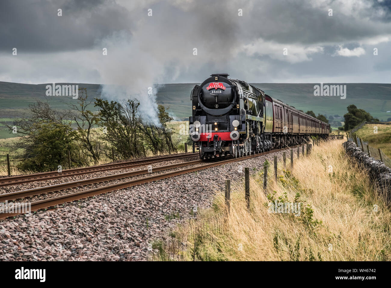 Die Südlichen Eisenbahn 35018 Britisch Indien Dampfzug durch Ribblesdale auf der Carlisle Linie siedeln sich in den malerischen Yorkshire Dales Stockfoto