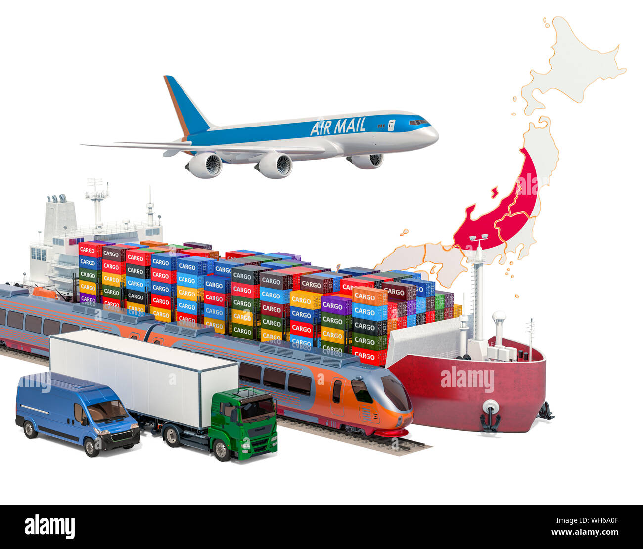 Cargo Transport- und Güterverkehr in Japan per Schiff, Flugzeug, Bahn, LKW und Kleintransporter. 3D-Rendering auf weißem Hintergrund Stockfoto