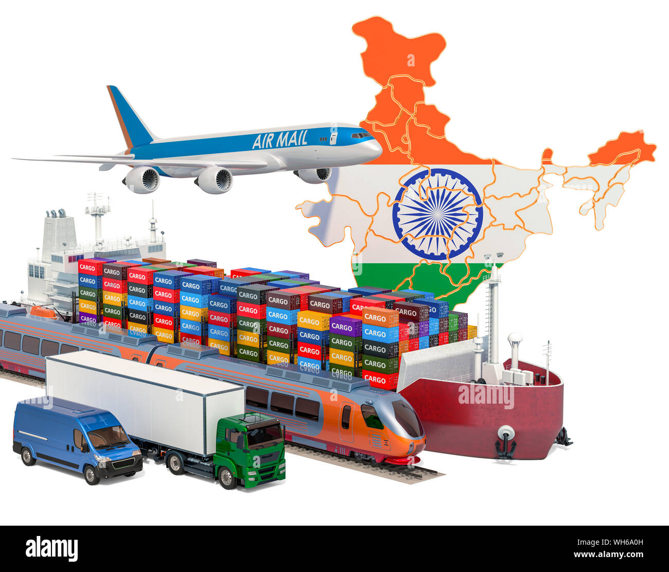 Cargo Transport- und Güterverkehr in Indien per Schiff, Flugzeug, Bahn, LKW und Kleintransporter. 3D-Rendering auf weißem Hintergrund Stockfoto