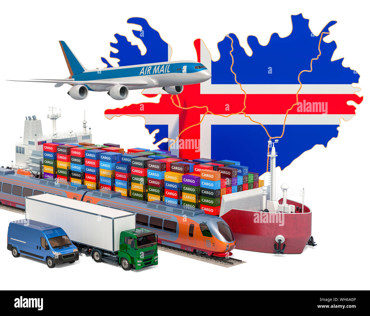 Cargo Transport- und Güterverkehr in Island per Schiff, Flugzeug, Bahn, LKW und Kleintransporter. 3D-Rendering auf weißem Hintergrund Stockfoto