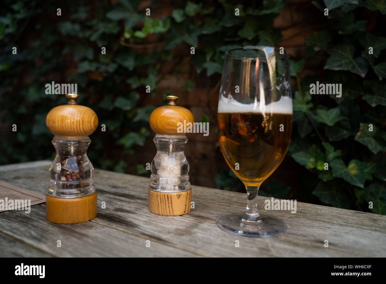 Pfefferstreuer und ein Bier auf dem Tisch Stockfoto