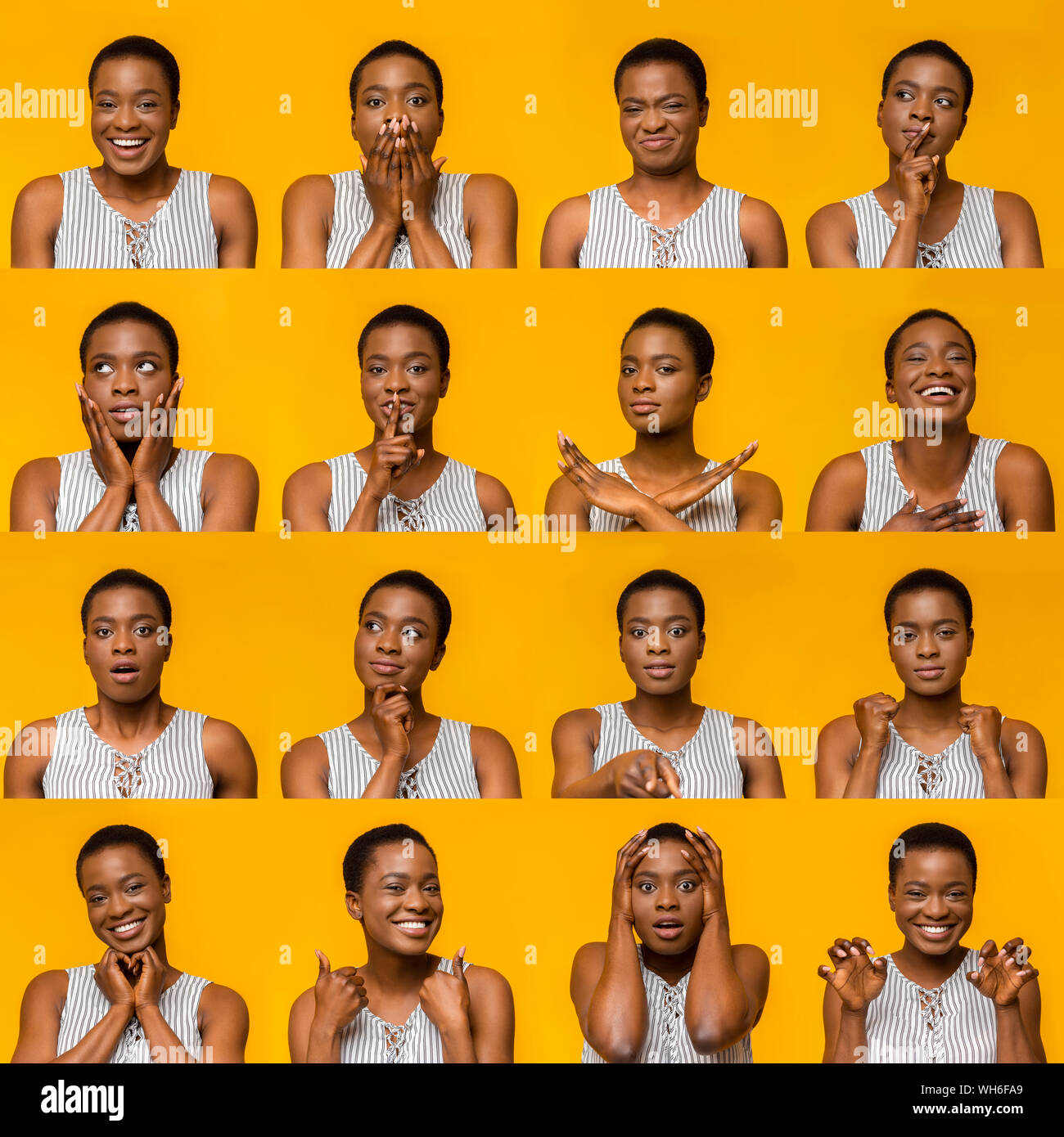 Collage der junge schwarze Frau Ausdrücke und Gefühle Stockfoto