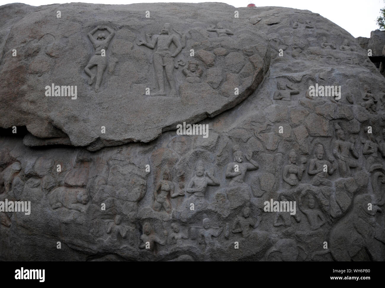 Sculpted Panel auf einem Felsen in Mahabalipuram, Tamil Nadu, Indien, Geschichten aus der hinduistischen Mythologie. Foto: Sondeep Shankar Stockfoto