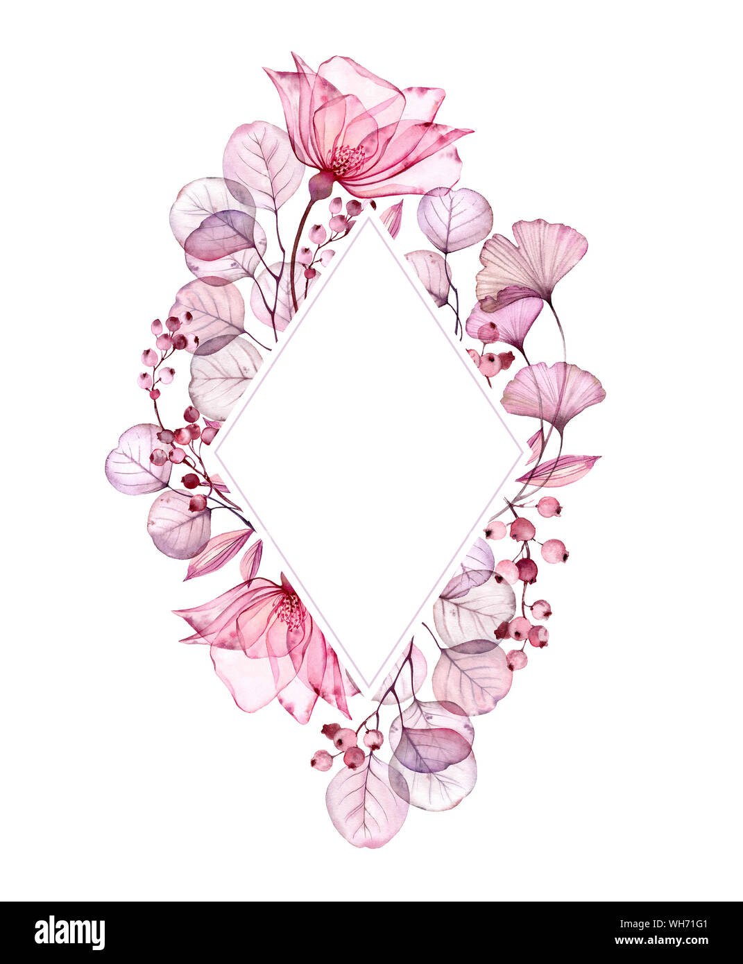 Aquarell transparente Blumenmuster vertikale Vario frame von Rosen, Blätter, lila Beeren und Zweige. Von Hand bemalt Jahrgang Illustration für Text- und Stockfoto