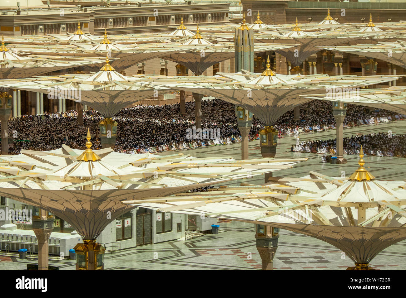 Während der Freitag Gebet Tausende muslimische Pilger beten am Al-Masjid an-Nabawī Moschee im Zentrum der Heiligen Stadt Medinah Stockfoto