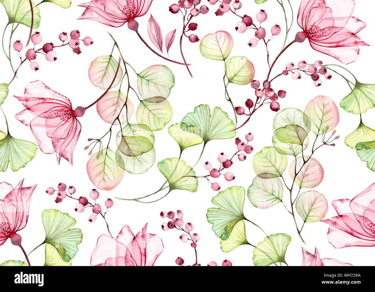 Transparente aquarell Rose. Nahtlose floralen Muster. Isolierte Hand gezeichnet mit großen Blüten, Eukalyptus und Beeren für Wallpaper Design, Textil Stockfoto
