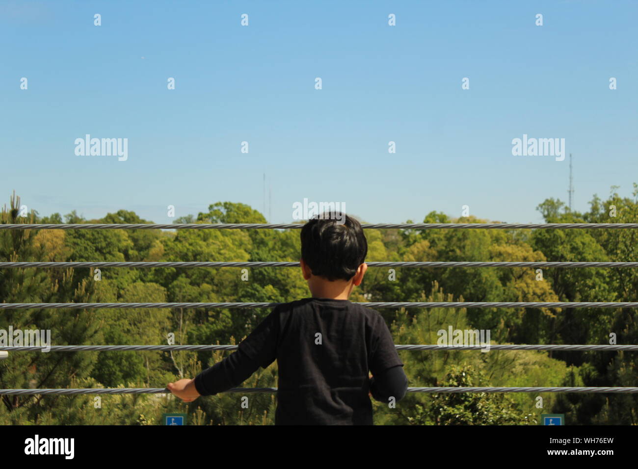 Ansicht der Rückseite des Jungen auf der Suche nach Wald aus der Beobachtung Punkt Stockfoto