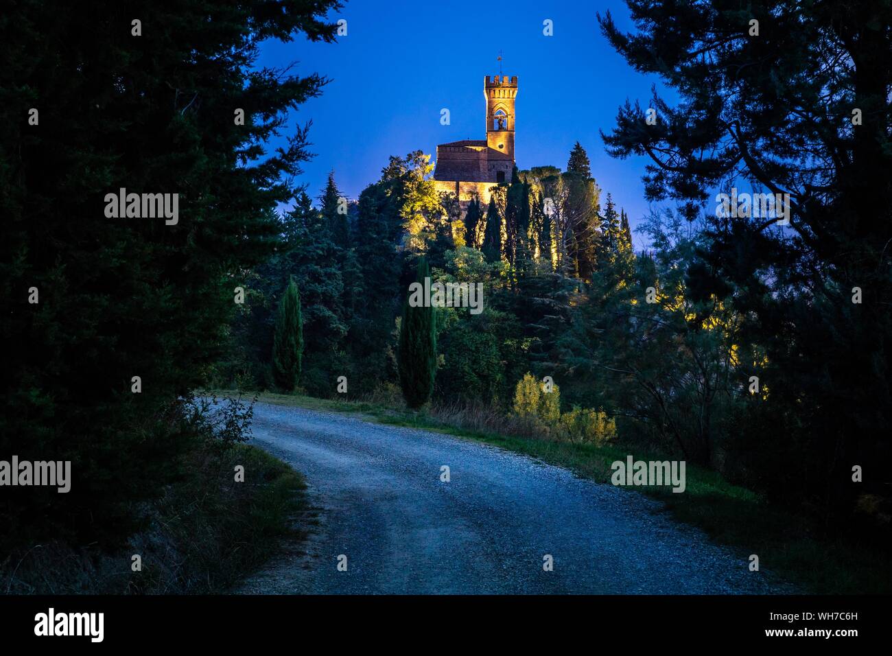 Straße durch den Wald mit Blick auf die beleuchtete Uhr Turm Torre dell'Orologio, Brisighella, Emilia-Romagna, Italien Stockfoto