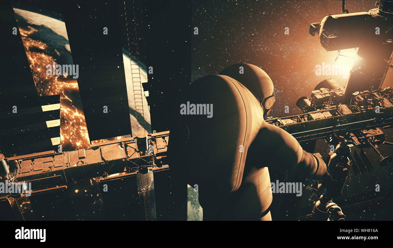 Astronauten dreht gegen die Internationale Raumstation Panels, die Erde gegen So. 3D-Render Animation. Wissenschaft und Technologie Konzept. Elemente dieser Medien durch die NASA eingerichtet Stockfoto