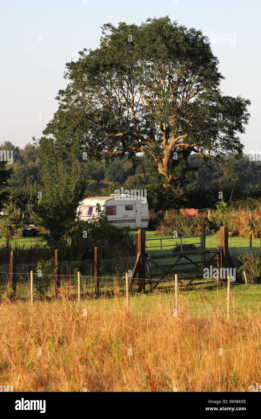 Hochformat von Baum- und Caravan in Greenfield Grundstücke in Perugia Stockfoto