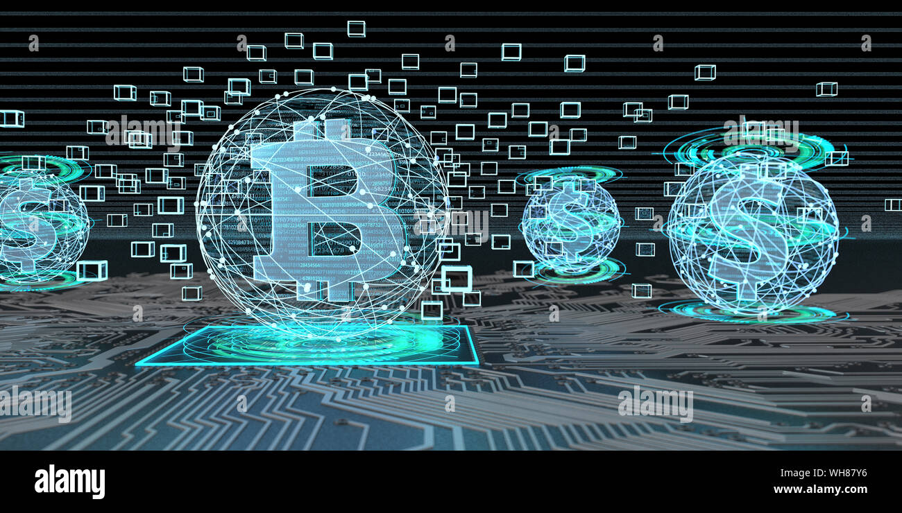 Bitcoin Technologie in Bezug auf den Dollar, 3D-Darstellung Stockfoto