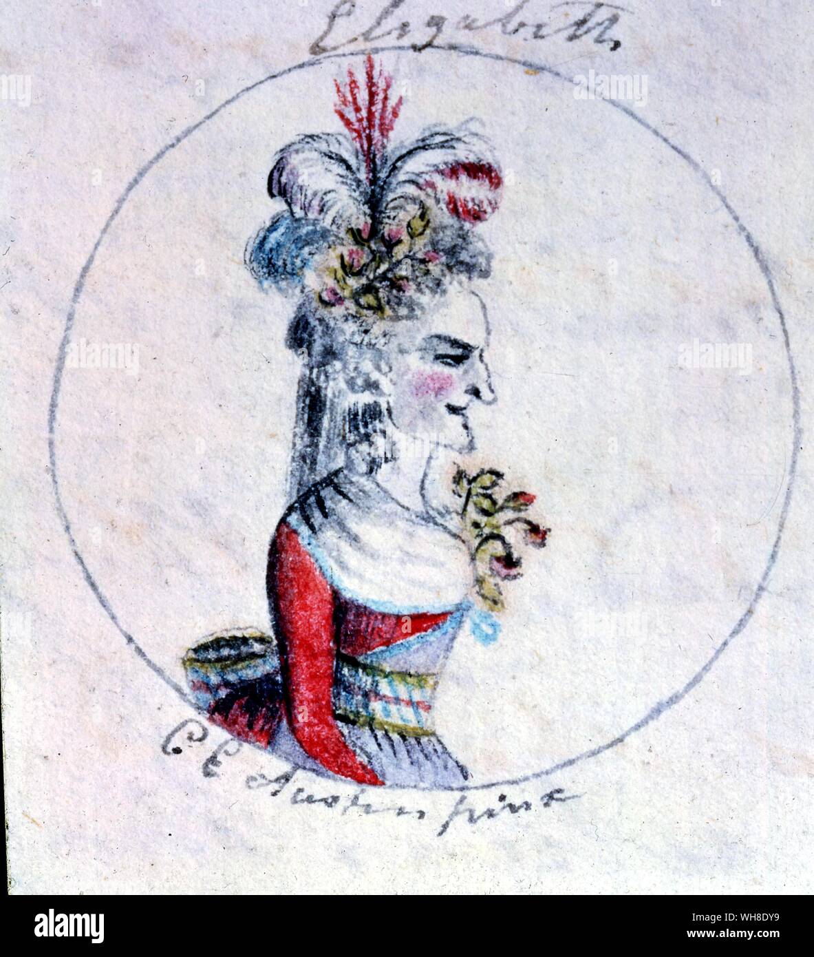 Elizabeth I. Aquarell Skizzen von Cassandra Austen: Einer von Sechs Skizzen für Jane Austen's Geschichte von England, 1790. Cassandra Austen, war die ältere Schwester von Jane Austen (1775-1817), mit dem Sie war sehr nah.. Elizabeth I (1533-1603), Königin von England und der Königin von Irland vom 17. November 1558 bis zu ihrem Tod. Elizabeth Ich war der fünfte und letzte Monarch der Tudor-dynastie, in ihrer Hälfte gelungen - Schwester, Maria I., regierte in einer Zeit der Wirren in Englisch Geschichte.. Stockfoto