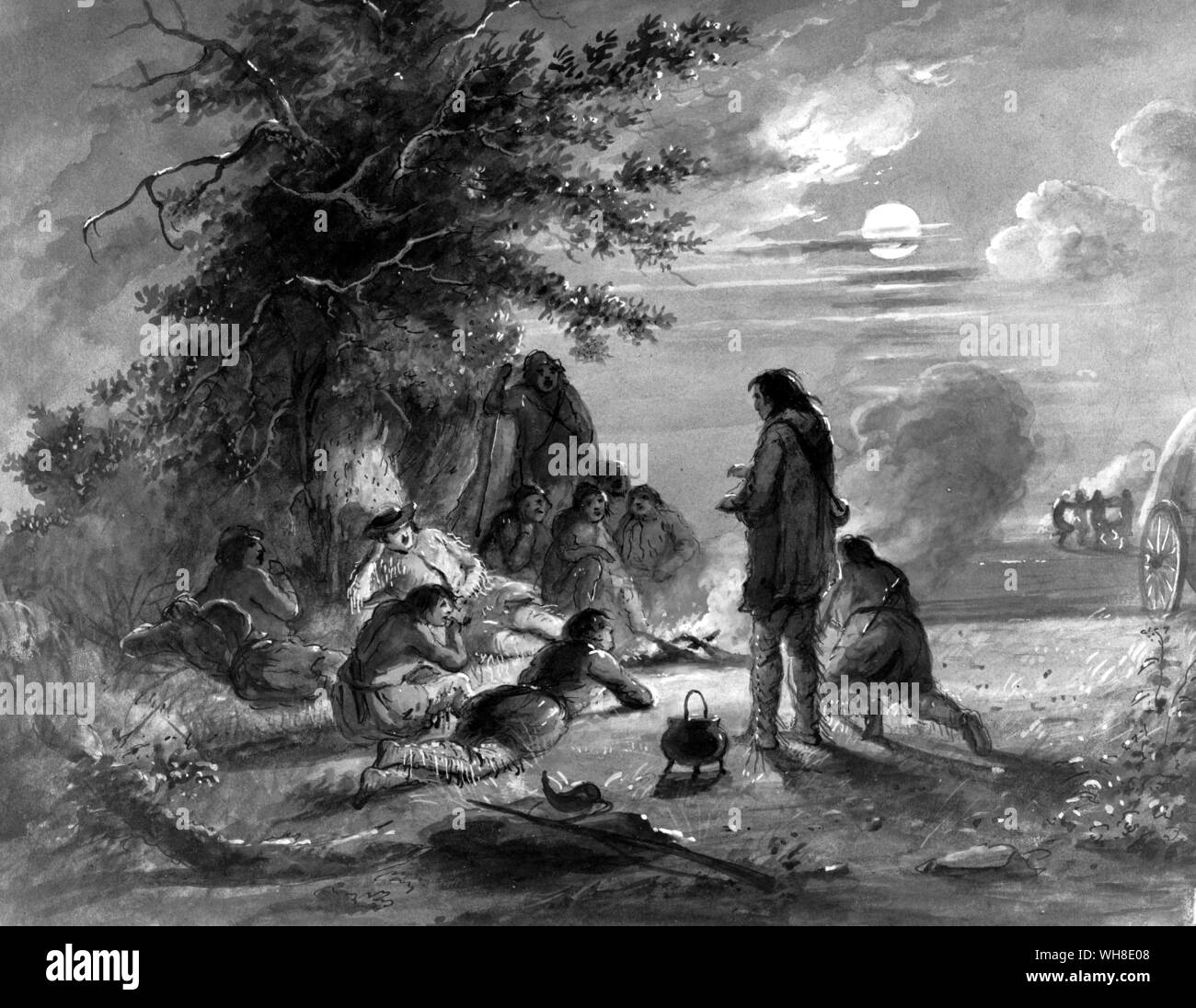 Mondschein Camp Szene von Alfred Jacob Miller (amerikanische Künstler), (1810-1874). Stockfoto