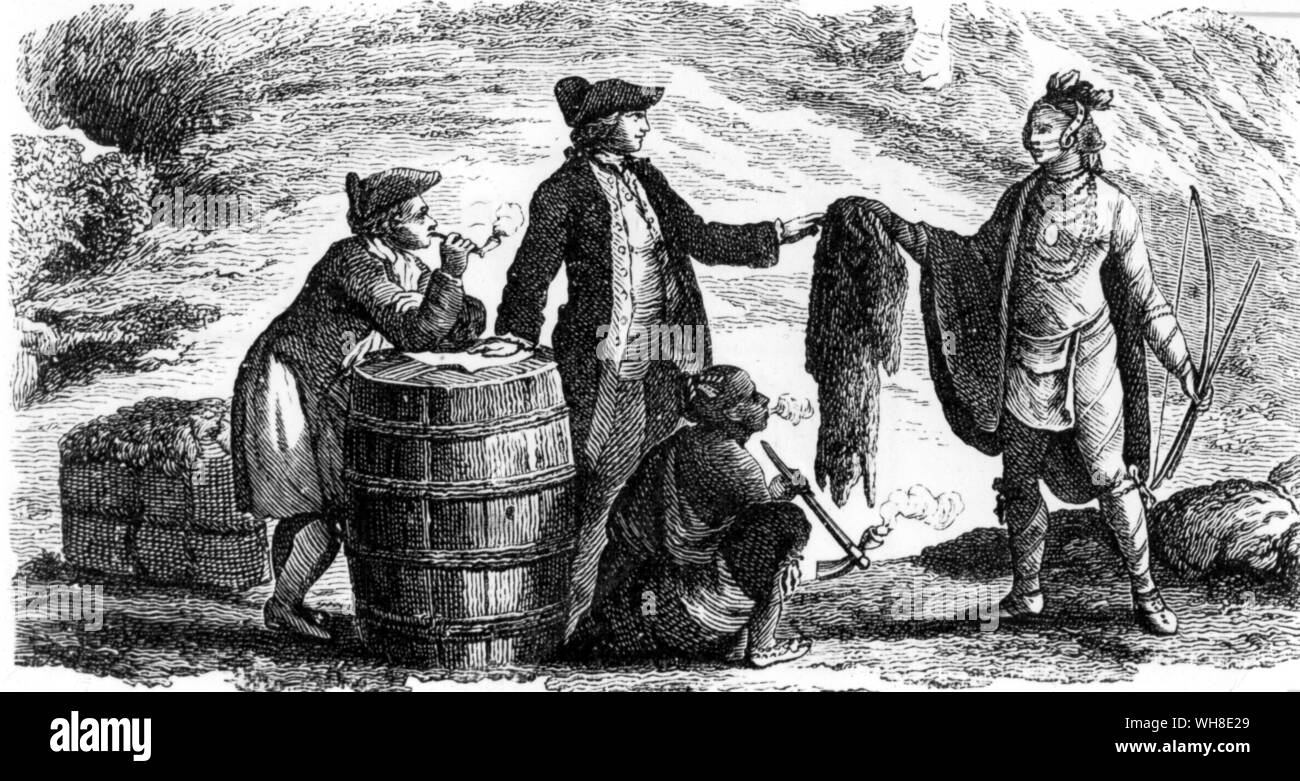 Nordamerikanische Händler und Indianer, Kanada, 1777. Stockfoto