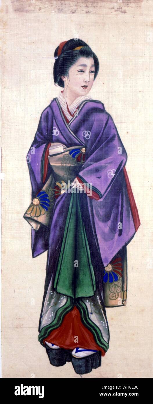 Japanische Figur in formelle Kleidung, 19. Die Reise der Challenger, von Eric Linklater Seite 199. Artist. unbekannt. Die fünfte HMS Challenger (Gestartet 1858) umfangreiches gemacht Forschungen in den Pazifik, nach fast einem Jahr der Erkundung der Atlantik, die mehrmals überschritten wurde. Die Route führte durch Neuseeland, Fidschi, Torres Strait, der Banda Sea und dem Chinesischen Meer nach Hong Kong. Im westlichen Pazifik wurde dann gegen Mitternacht nach Yokohama (Japan), erkundet, nach der der Herausforderer über den Ozean von Honolulu und Tahiti zu Valparaiso angeschlagen. Die Challenger dann fuhr gegen Mittag, Stockfoto