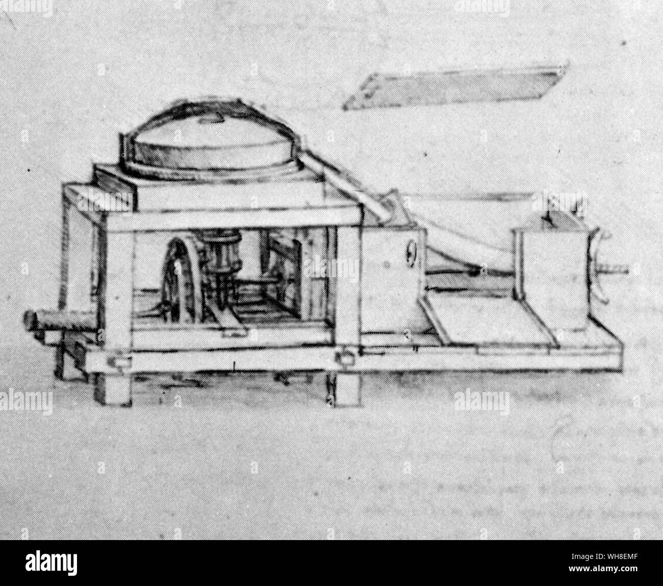 Leonardo's Mühle hat eine mechanische bolter oder zylindrische Sieb. Leonardos Zeichnung ist der erste seiner Art. Leonardo da Vinci (1452-1519) war ein italienischer Renaissance Architekt, Musiker, Anatom, Erfinder, Ingenieur, Bildhauer, Geometer und Künstler. . . Stockfoto