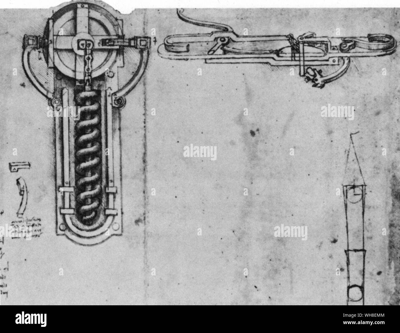 Ein Rad mit einem Schlüssel Winde eine Spiralfeder in Leonardo's Rad-Lock Mechanismus. Auf der rechten Seite ist ein feuerstein - sperren. Wenn die Feder freigegeben wird, wird die Feuerstein schlägt eine Metallstange, ein Funke. Leonardo da Vinci (1452-1519) war ein italienischer Renaissance Architekt, Musiker, Anatom, Erfinder, Ingenieur, Bildhauer, Geometer und Künstler. . . Stockfoto