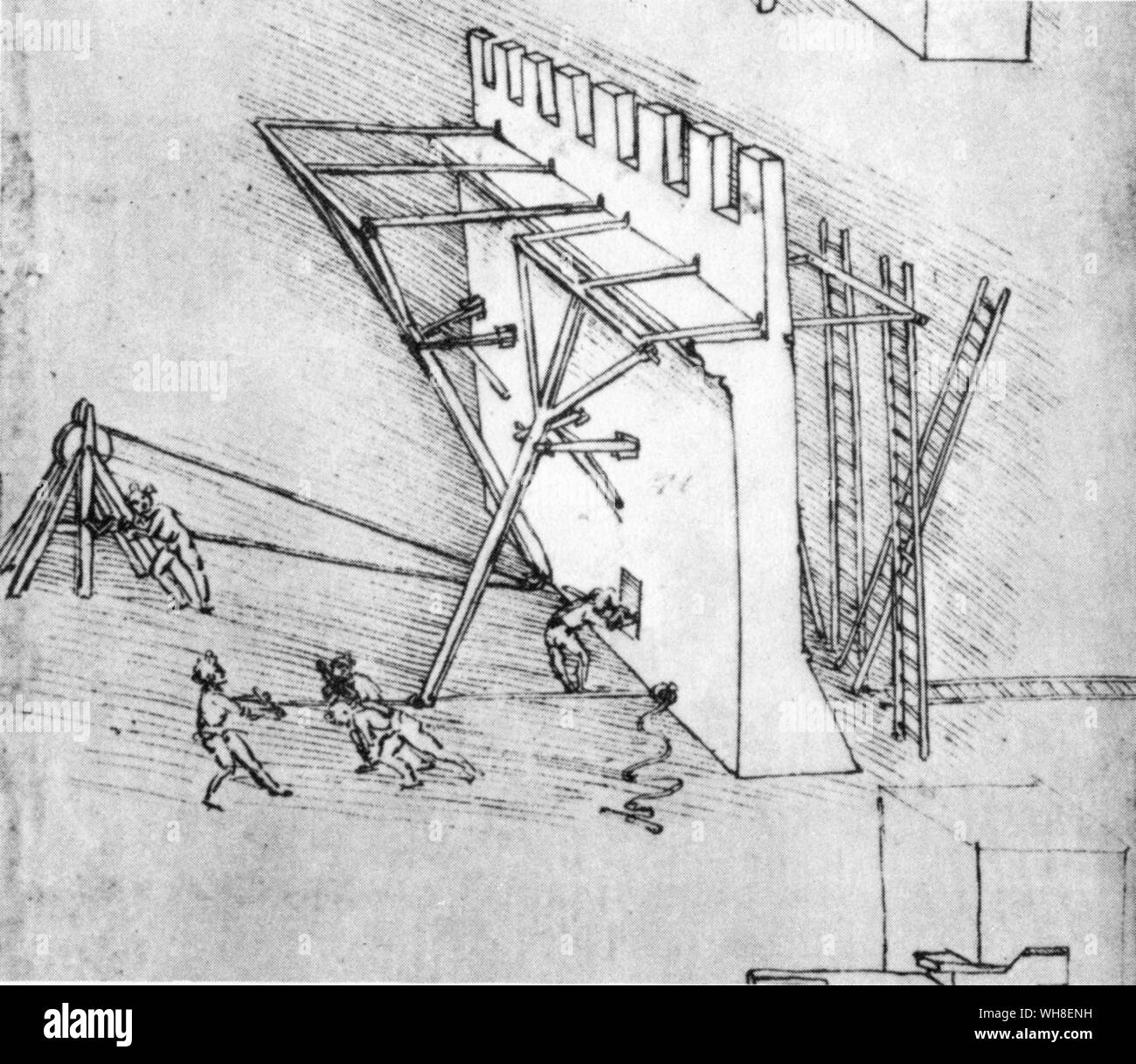 Ein Gerät durch ein System von Hebeln bedient die Leitern der Invasoren werden zu stürzen, von Leonardo's Repertoire der militärischen Maschinen. Leonardo da Vinci (1452-1519) war ein italienischer Renaissance Architekt, Musiker, Anatom, Erfinder, Ingenieur, Bildhauer, Geometer und Künstler. . . Stockfoto