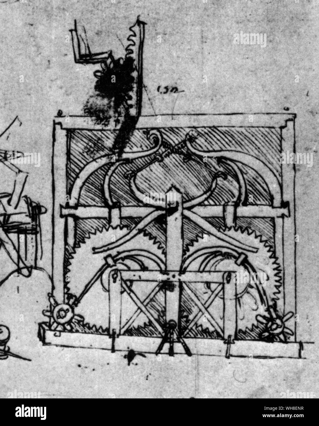 Leonardos Zeichnungen für das Auto. Leonardo da Vinci (1452-1519) war ein italienischer Renaissance Architekt, Musiker, Anatom, Erfinder, Ingenieur, Bildhauer, Geometer und Maler. . . Stockfoto