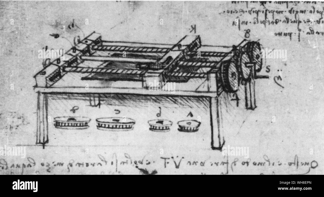 Die Schraube auf dem Thread-Schneidemaschine in der Mitte. Die Stärke der Thread wird geändert, indem die Größe der Zahnräder verändert. Eine Reihe von Zahnrädern ist unten dargestellt. Leonardo da Vinci (1452-1519) war ein italienischer Renaissance Architekt, Musiker, Anatom, Erfinder, Ingenieur, Bildhauer, Geometer und Maler. . . Stockfoto