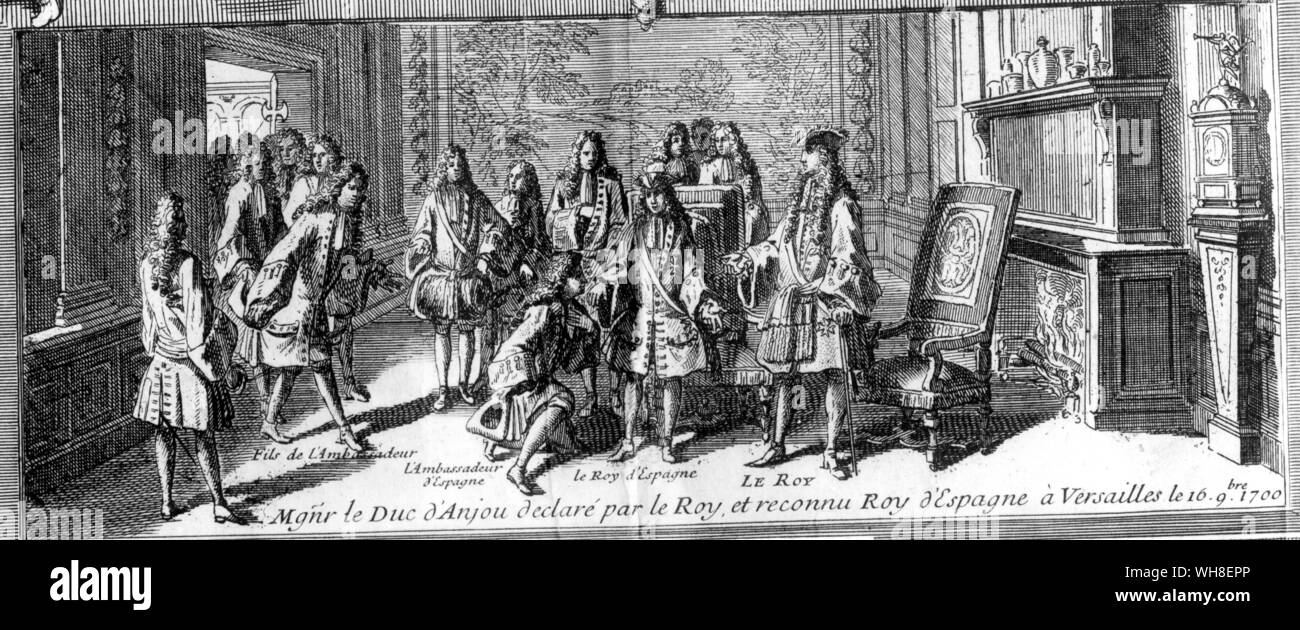 Duc d'Anjou (Herzog von Anjou) anerkannt, wie der König von Spanien, 1700. König Philipp V. von Spanien (1683-1746) oder Philippe von Anjou, war König von Spanien von 1700 bis 1746, die ersten von den Bourbonen in Spanien. Der Sonnenkönig von Nancy Mitford, Seite 200. Stockfoto