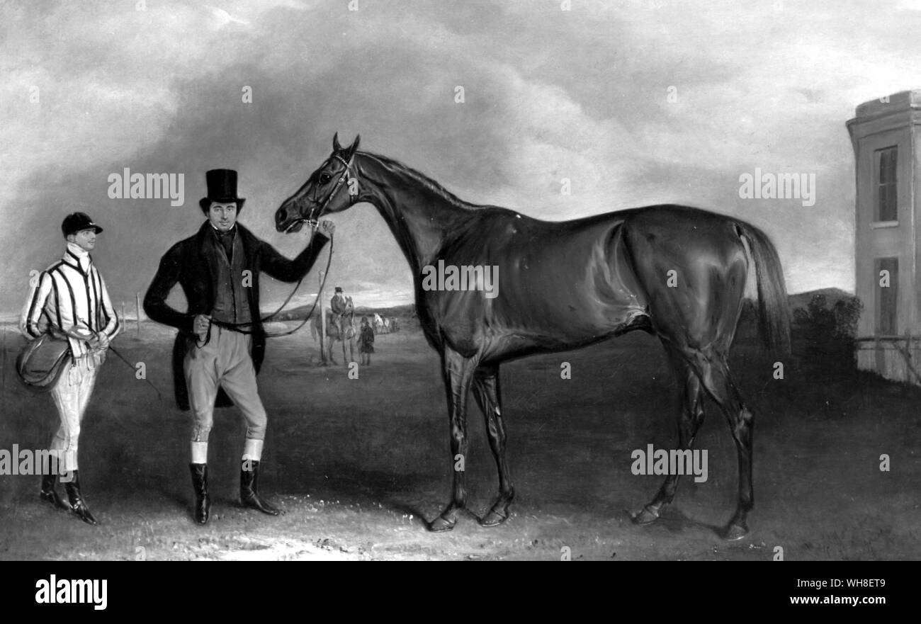 Allgemeine Chasse mit seinem Besitzer Sir James Boswell und Jockey Holmes in Aintree 1835.. . . Stockfoto