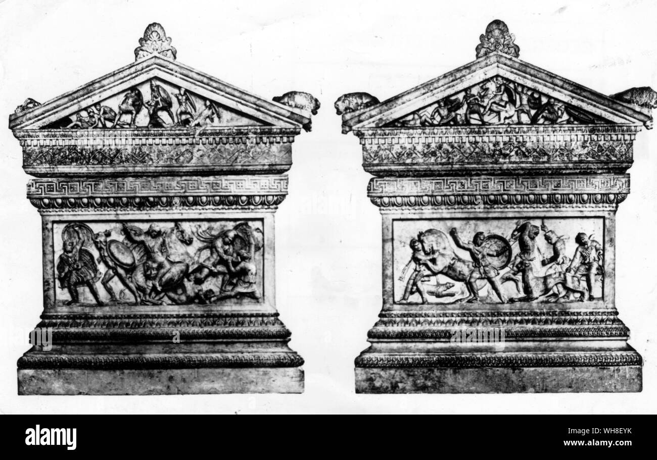 Alexander's Grab Sarkophag. Alexander der Große (356 v. Chr.-323 v. Chr.), König von Makedonien 336-323 v. Chr., gilt als einer der erfolgreichsten Kommandeure in der Geschichte der Welt, erobert die meisten der bekannten Welt vor seinem Tod. . . Stockfoto