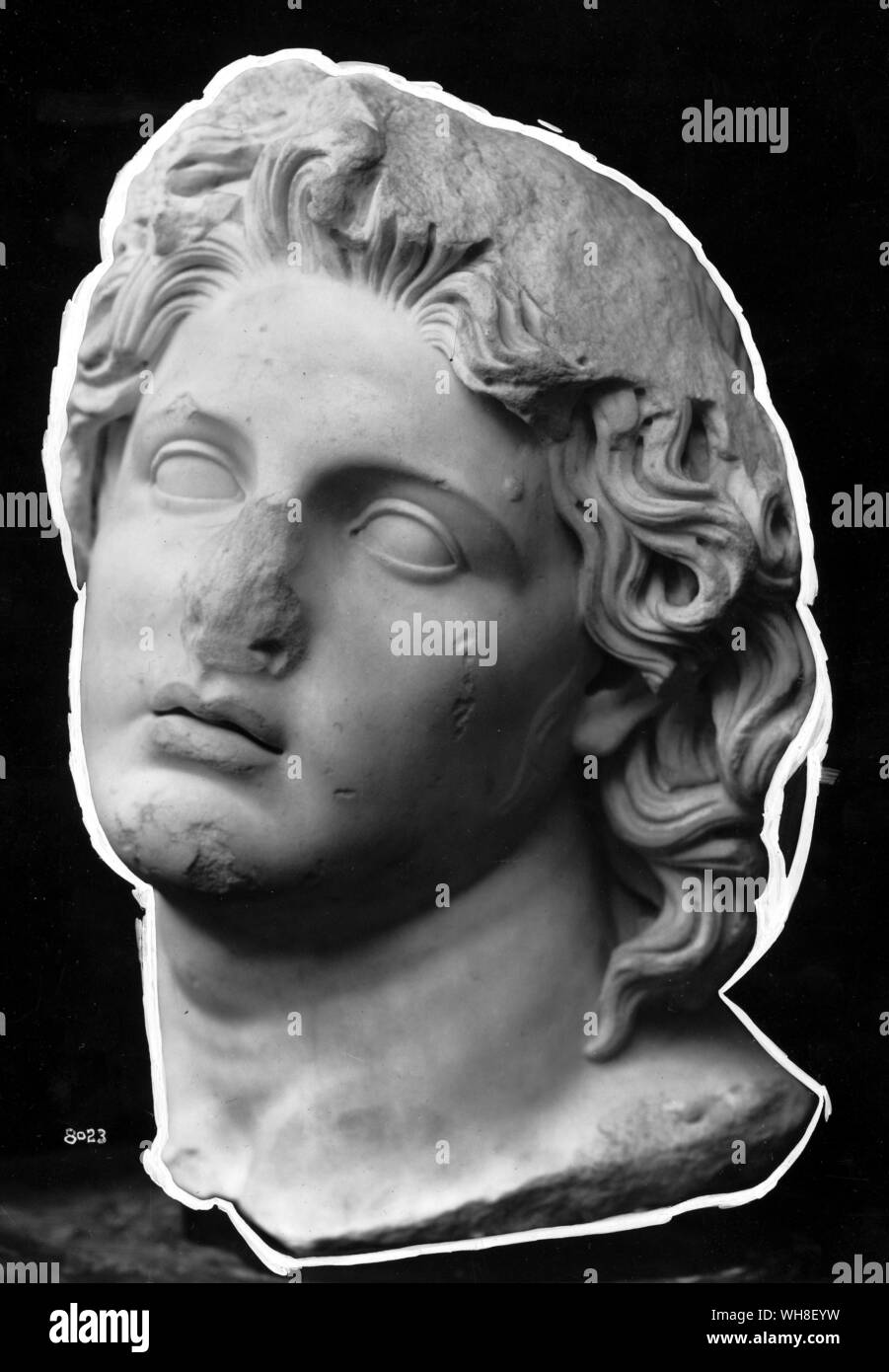 Kopf von Alexander dem Großen (356 v. Chr.-323 v. Chr.), König von Makedonien 336-323 v. Chr.. Er gilt als einer der erfolgreichsten Kommandeure in der Geschichte der Welt, erobert die meisten der bekannten Welt vor seinem Tod. Die Natur von Alexander, von Mary Renault. Stockfoto